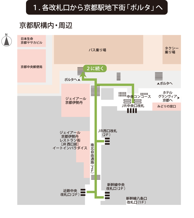 各改札口から京都駅地下街「ポルタ」へ