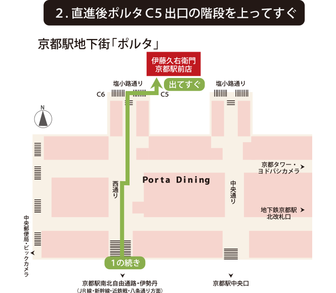 直進後ポルタC5出口の階段を上がってすぐ