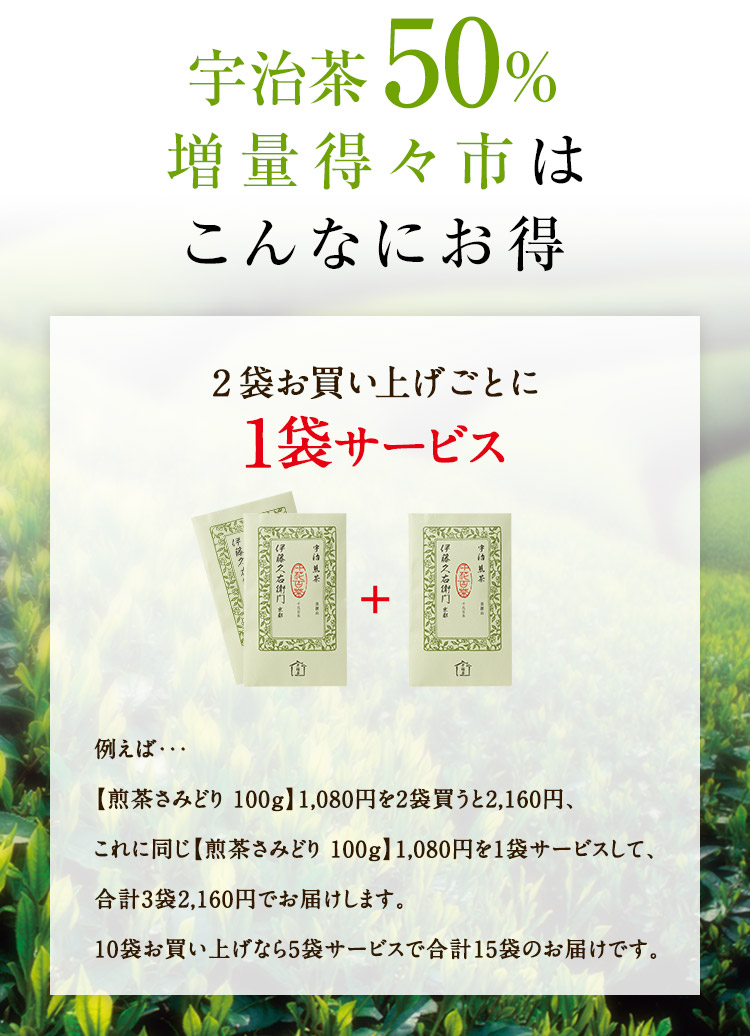 宇治茶50％増量得々市はこんなにお得